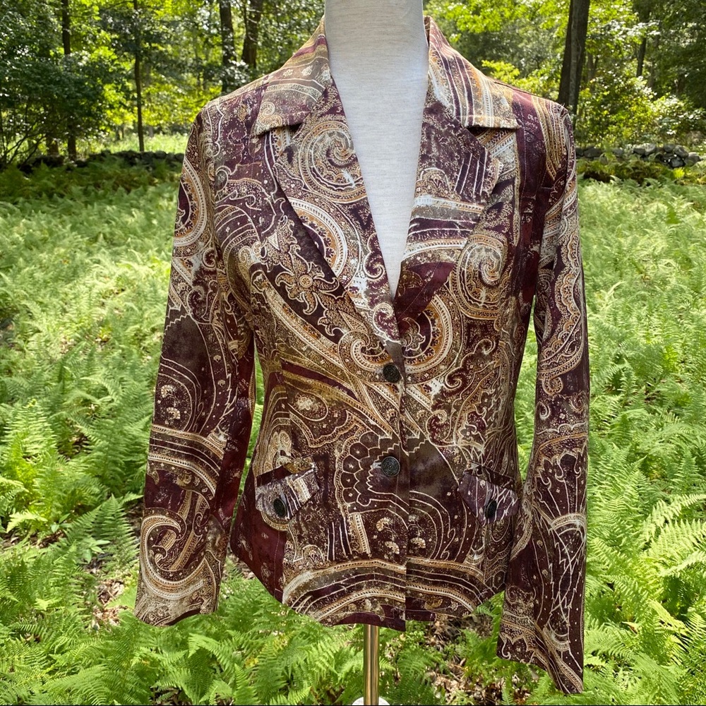 CHICO’S JACKET BLAZER LAPELS NEW BROWN CREAM PAISLEY SHINE BALENZA NWT SIZE 0 S